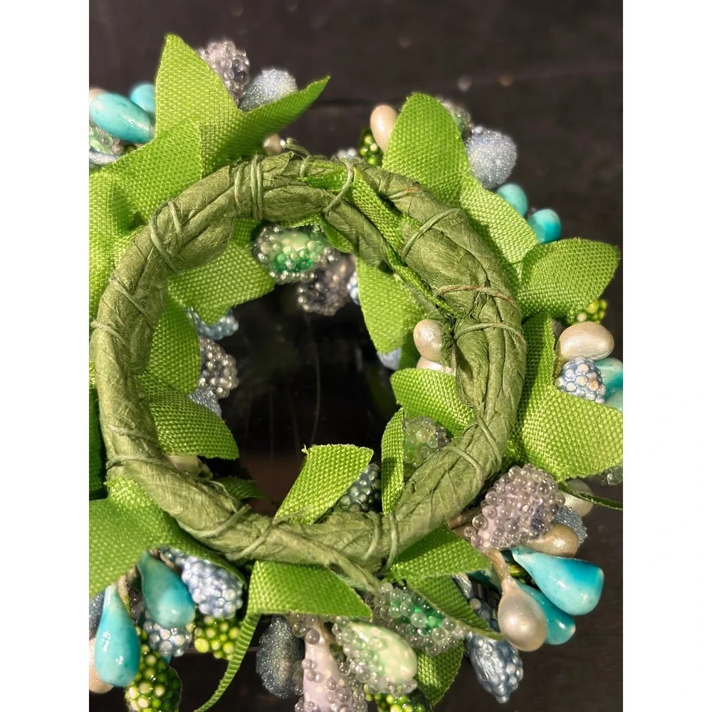 Set of 3 Beaded Berry Napkin Rings Teal Silver Green Botanical Table Decor